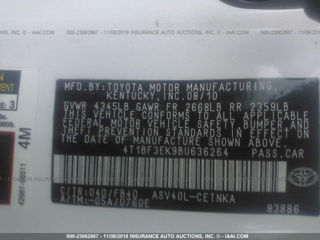 4T1BF3EK9BU636264 - 2011 TOYOTA CAMRY SE/LE/XLE WHITE photo 9