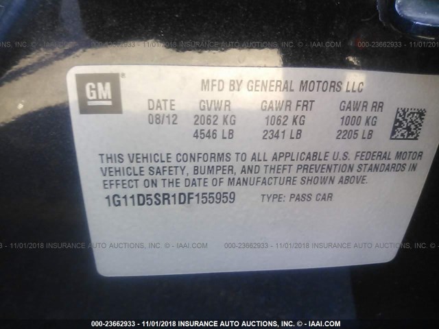 1G11D5SR1DF155959 - 2013 CHEVROLET MALIBU 1LT BLACK photo 9