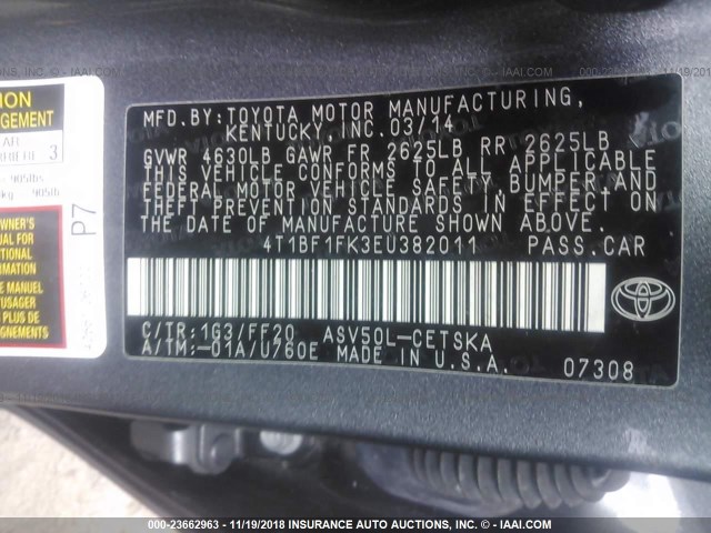 4T1BF1FK3EU382011 - 2014 TOYOTA CAMRY L/SE/LE/XLE Boz foto 9