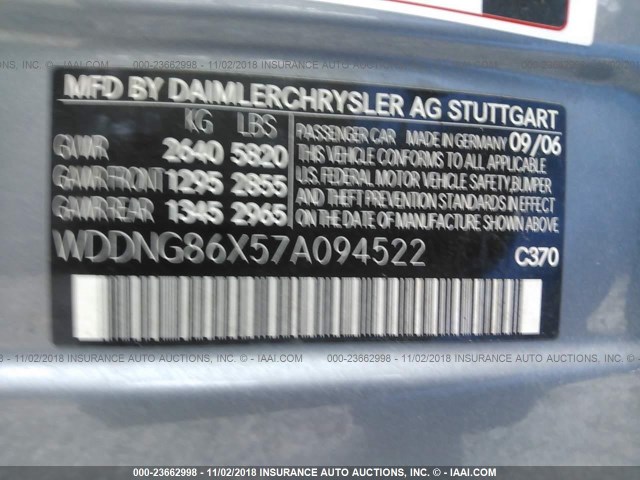 WDDNG86X57A094522 - 2007 MERCEDES-BENZ S 550 4MATIC GRAY photo 9