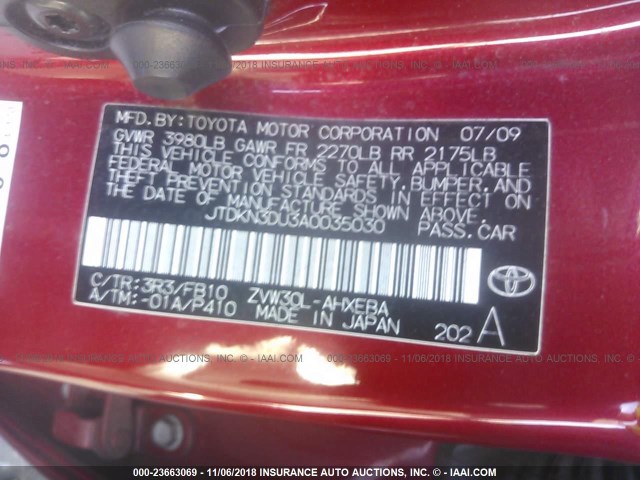 JTDKN3DU3A0035030 - 2010 TOYOTA PRIUS Qırmızı foto 9