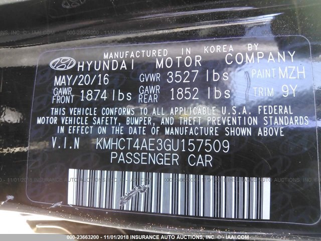 KMHCT4AE3GU157509 - 2016 HYUNDAI ACCENT SE BLACK photo 9