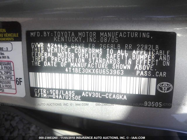 4T1BE30KX6U653963 - 2006 TOYOTA CAMRY LE/XLE/SE SILVER photo 9