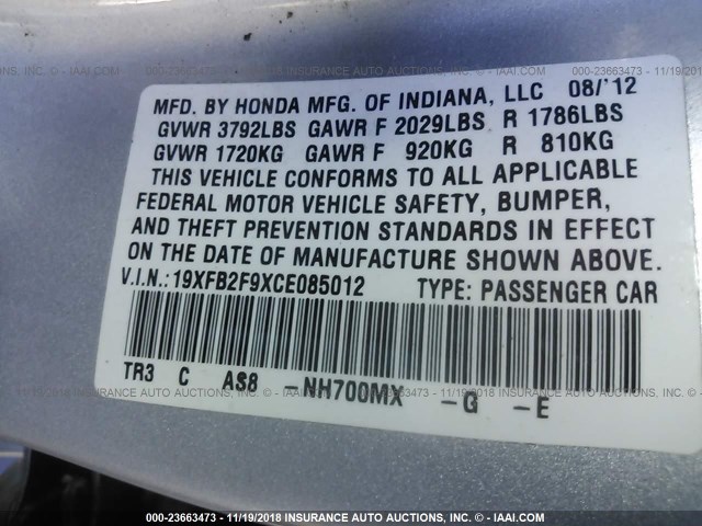 19XFB2F9XCE085012 - 2012 HONDA CIVIC EXL SILVER photo 9