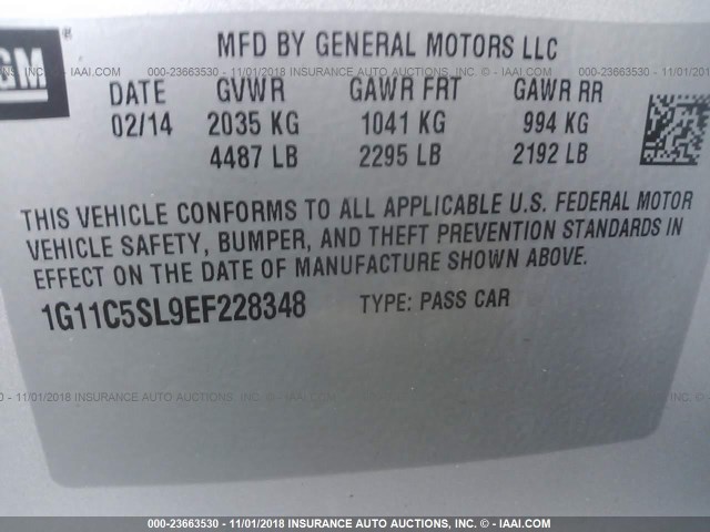 1G11C5SL9EF228348 - 2014 CHEVROLET MALIBU 1LT SILVER photo 9