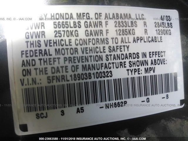 5FNRL18903B100323 - 2003 HONDA ODYSSEY EXL Dark Blue photo 9