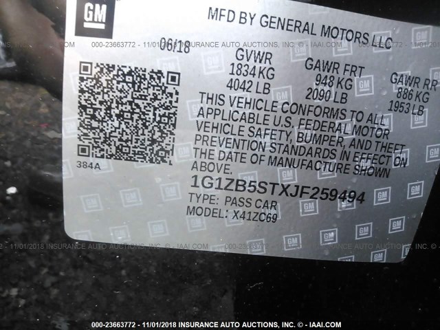 1G1ZB5STXJF259494 - 2018 CHEVROLET MALIBU LS 黑色 照片 9