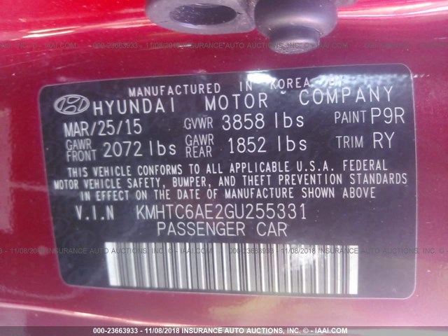 KMHTC6AE2GU255331 - 2016 HYUNDAI VELOSTER TURBO RED photo 9