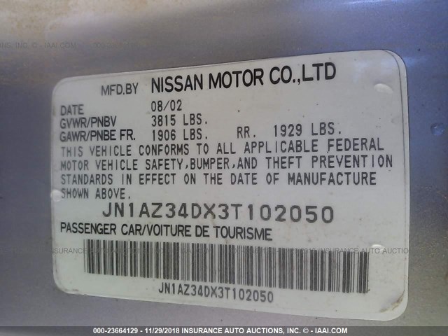 JN1AZ34DX3T102050 - 2003 NISSAN 350Z COUPE SILVER photo 9