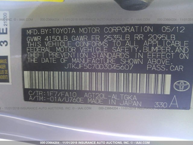 JTKJF5C70D3045607 - 2013 TOYOTA SCION TC SILVER photo 9