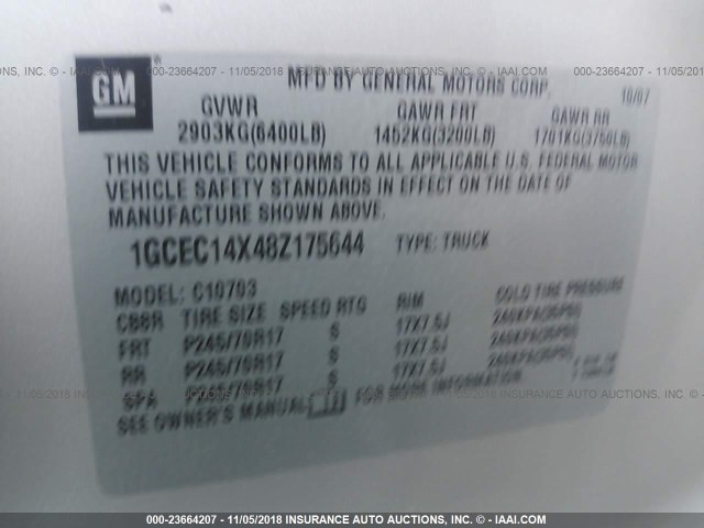 1GCEC14X48Z175644 - 2008 CHEVROLET SILVERADO C1500 GRAY photo 9