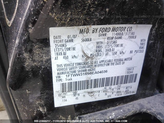 1FTWW31R98EA04036 - 2008 FORD F350 SRW SUPER DUTY BLACK photo 9