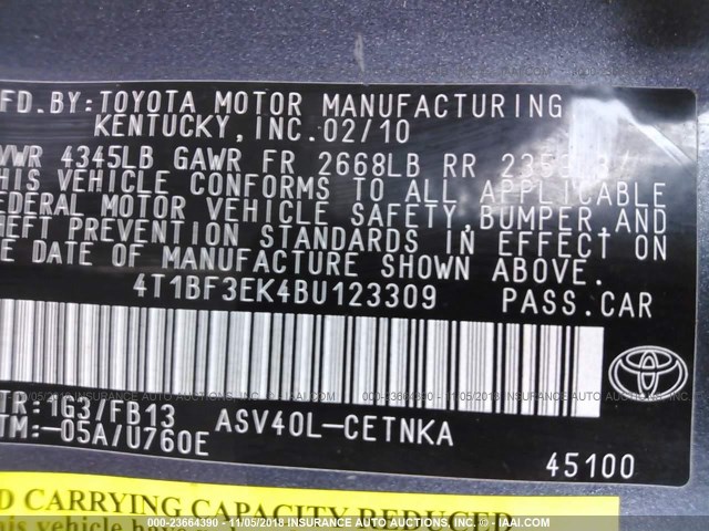 4T1BF3EK4BU123309 - 2011 TOYOTA CAMRY SE/LE/XLE GRAY photo 9