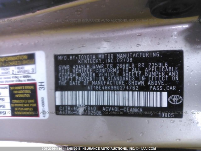 4T1BE46K99U274762 - 2009 TOYOTA CAMRY SE/LE/XLE GOLD photo 9