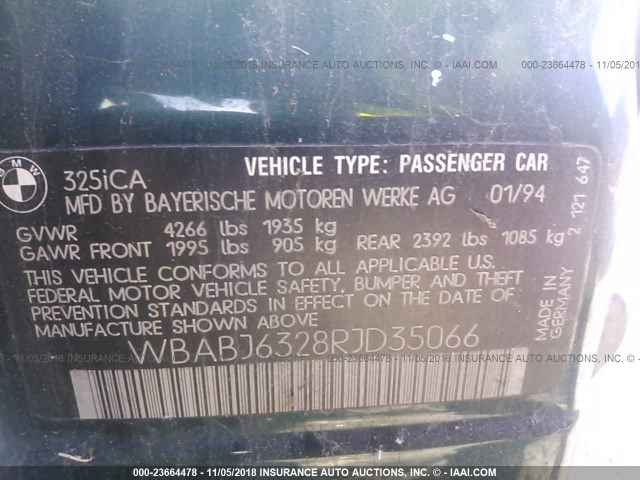 WBABJ6328RJD35066 - 1994 BMW 325 IC AUTOMATIC 绿色 照片 9