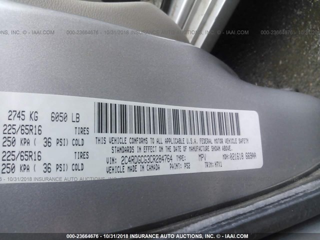 2C4RDGCG3CR284764 - 2012 DODGE GRAND CARAVAN SXT SILVER photo 9