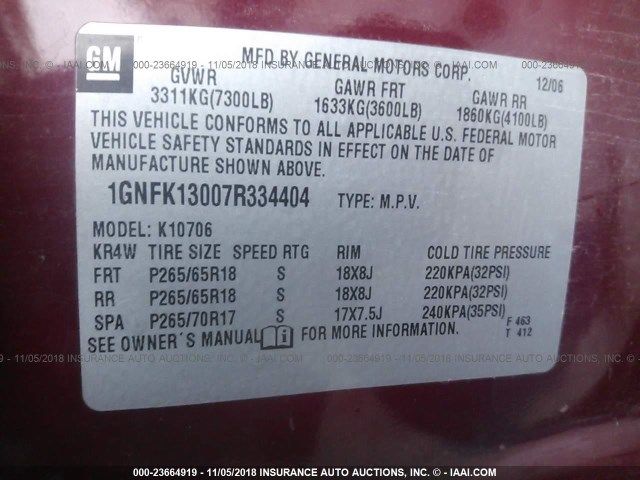 1GNFK13007R334404 - 2007 CHEVROLET TAHOE K1500 BURGUNDY photo 9