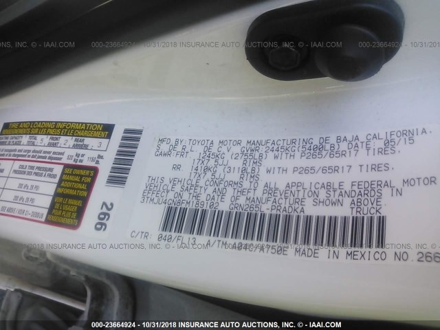 3TMJU4GN8FM189102 - 2015 TOYOTA TACOMA DOUBLE CAB PRERUNNER WHITE photo 9