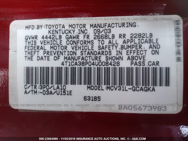 4T1CA38P04U008428 - 2004 TOYOTA CAMRY SOLARA SE/SLE Қызыл фото 9