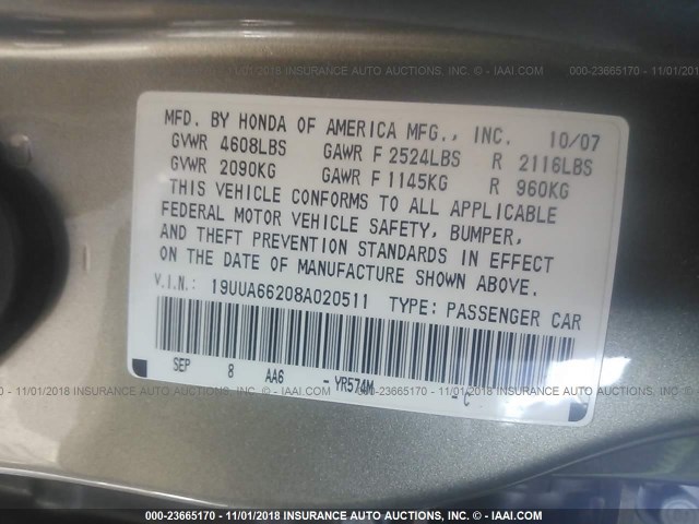 19UUA66208A020511 - 2008 ACURA TL GOLD photo 9