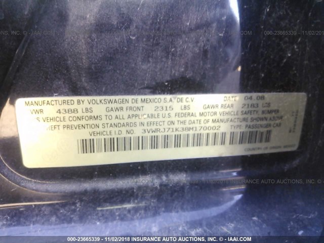 3VWRJ71K38M170002 - 2008 VOLKSWAGEN JETTA WOLFSBURG 黑色 照片 9