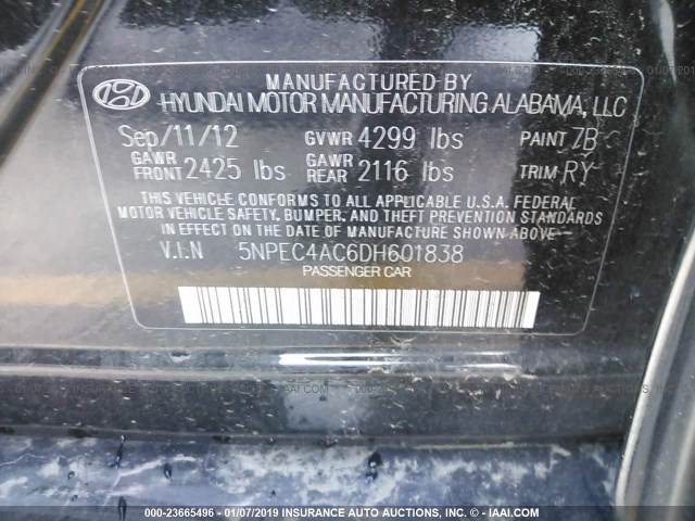 5NPEC4AC6DH601838 - 2013 HYUNDAI SONATA SE/LIMITED BLACK photo 9