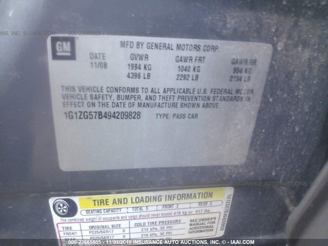 1G1ZG57B494209828 - 2009 CHEVROLET MALIBU LS ნაცრისფერი ფოტო 9