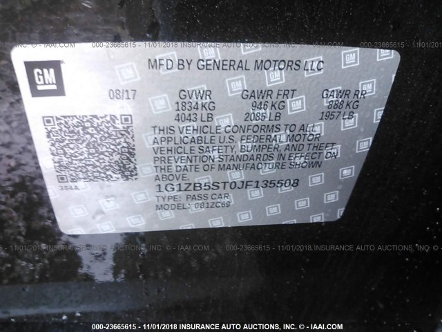 1G1ZB5ST0JF135508 - 2018 CHEVROLET MALIBU LS 黑色 照片 9