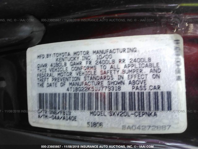 4T1BG22K51U779318 - 2001 TOYOTA CAMRY CE/LE/XLE RED photo 9