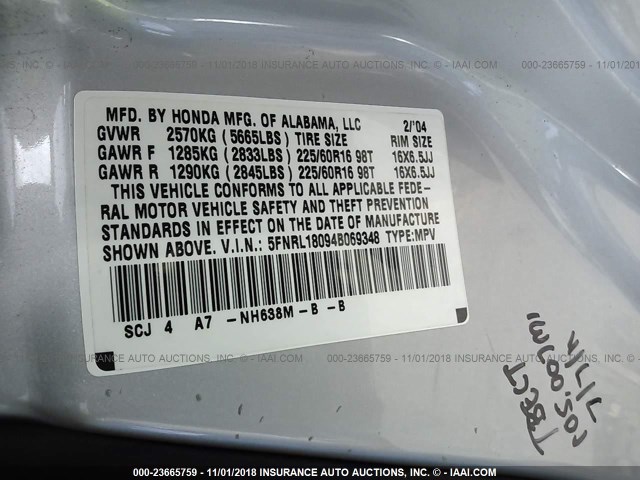 5FNRL18094B069348 - 2004 HONDA ODYSSEY EXL SILVER photo 9