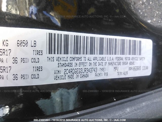 2C4RDGEG3JR343743 - 2018 DODGE GRAND CARAVAN GT BLACK photo 9