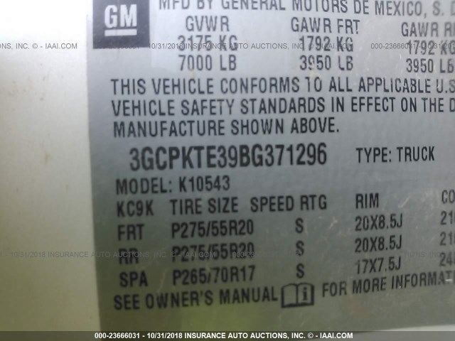 3GCPKTE39BG371296 - 2011 CHEVROLET SILVERADO K1500 LTZ WHITE photo 9