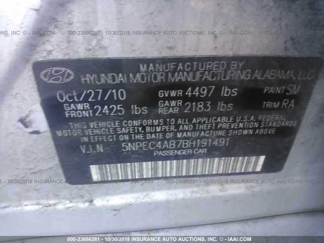 5NPEC4AB7BH191491 - 2011 HYUNDAI SONATA SE/LIMITED SILVER photo 9