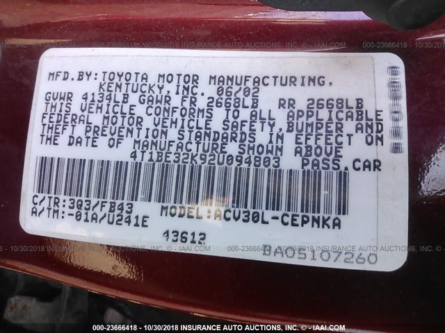 4T1BE32K92U094803 - 2002 TOYOTA CAMRY LE/XLE/SE RED photo 9