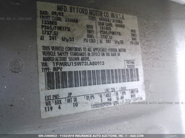 1FMRU15W73LA80913 - 2003 FORD EXPEDITION XLT SILVER photo 9