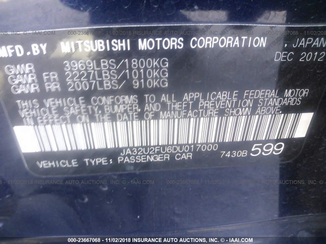 JA32U2FU6DU017000 - 2013 MITSUBISHI LANCER ES/ES SPORT Dark Blue photo 9