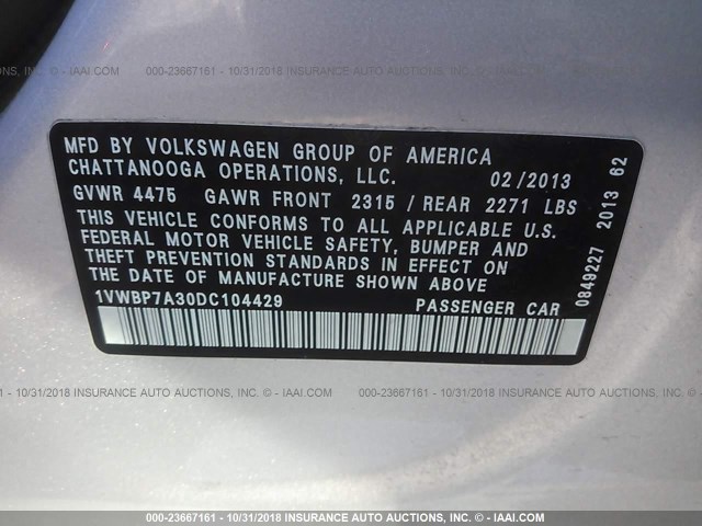 1VWBP7A30DC104429 - 2013 VOLKSWAGEN PASSAT SE SILVER photo 9