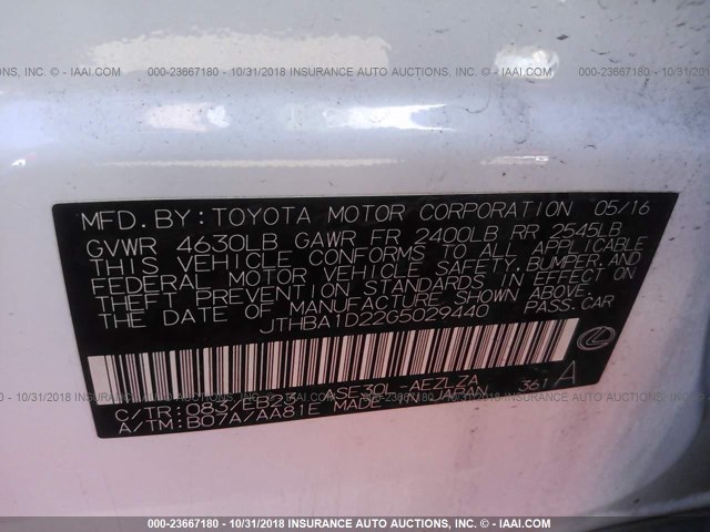 JTHBA1D22G5029440 - 2016 LEXUS IS 200T WHITE photo 9