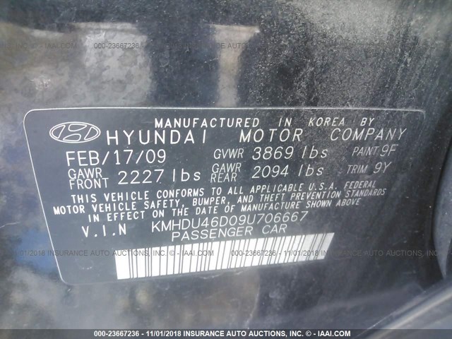 KMHDU46D09U706667 - 2009 HYUNDAI ELANTRA GLS/SE BLACK photo 9