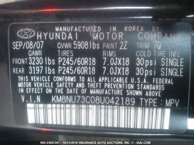 KM8NU73C08U042189 - 2008 HYUNDAI VERACRUZ GLS/SE/LIMITED BLUE photo 9