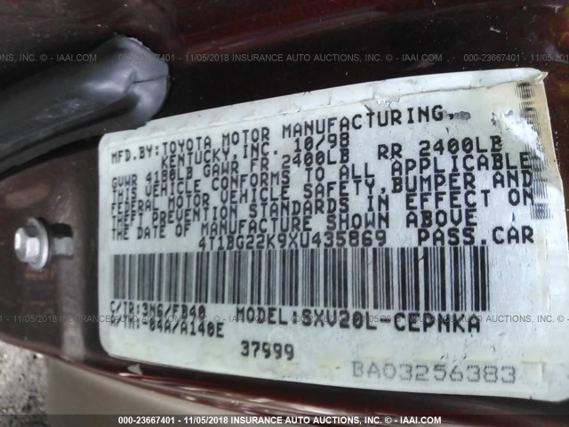 4T1BG22K9XU435869 - 1999 TOYOTA CAMRY CE/LE/XLE RED photo 9