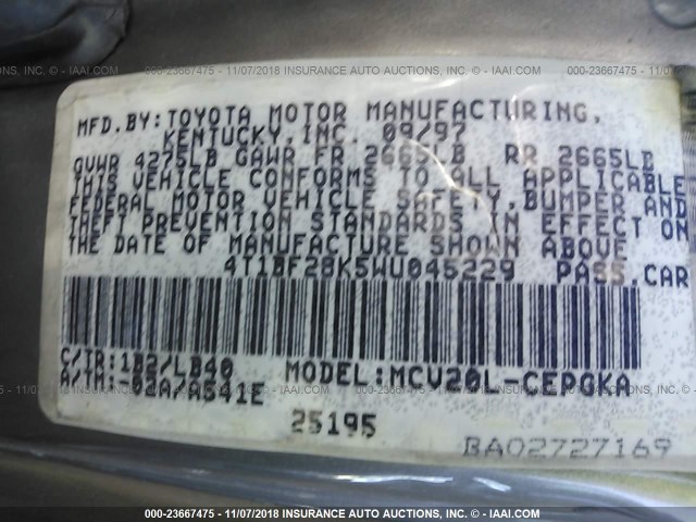 4T1BF28K5WU045229 - 1998 TOYOTA CAMRY CE/LE/XLE GRAY photo 9