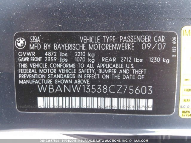 WBANW13538CZ75603 - 2008 BMW 535 I BLACK photo 9