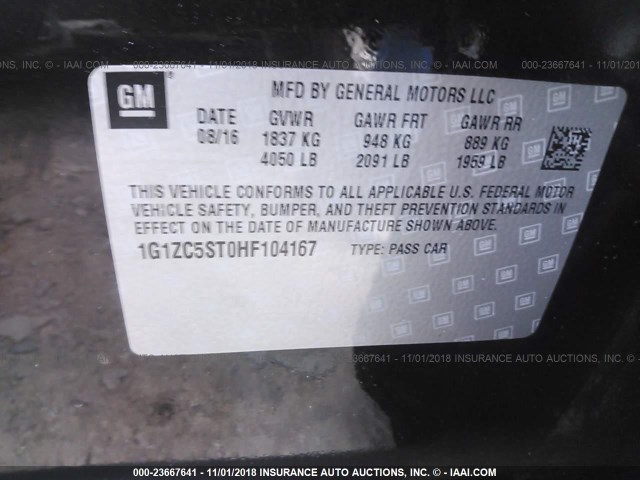 1G1ZC5ST0HF104167 - 2017 CHEVROLET MALIBU LS 黑色 照片 9