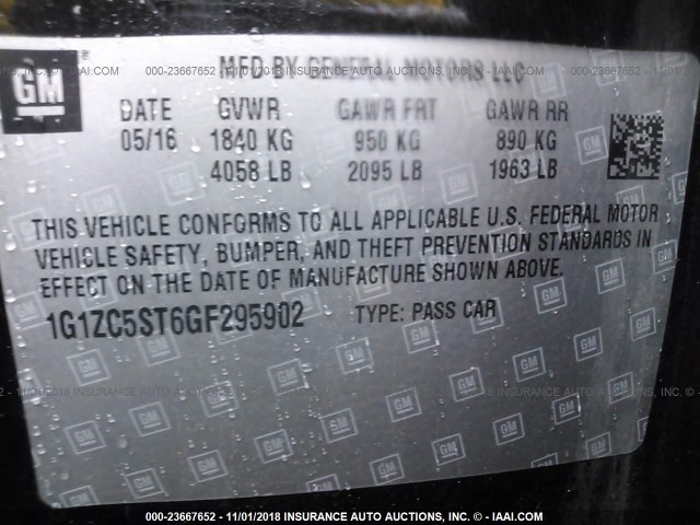 1G1ZC5ST6GF295902 - 2016 CHEVROLET MALIBU LS 黑色 照片 9