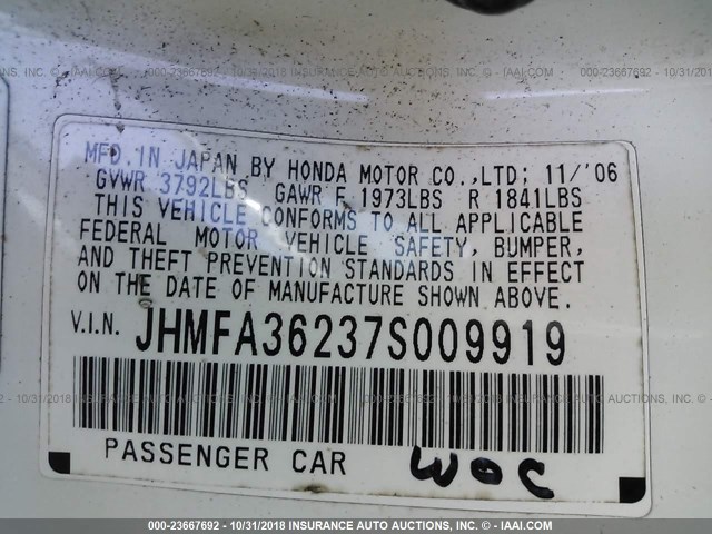 JHMFA36237S009919 - 2007 HONDA CIVIC HYBRID WHITE photo 9