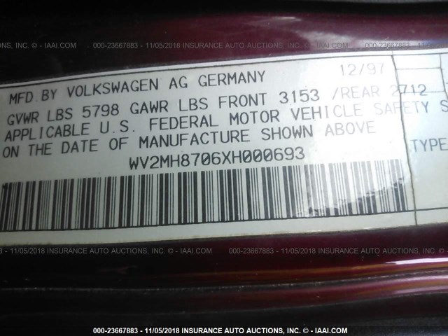 WV2MH8706XH000693 - 1999 VOLKSWAGEN EUROVAN MV MAROON photo 9