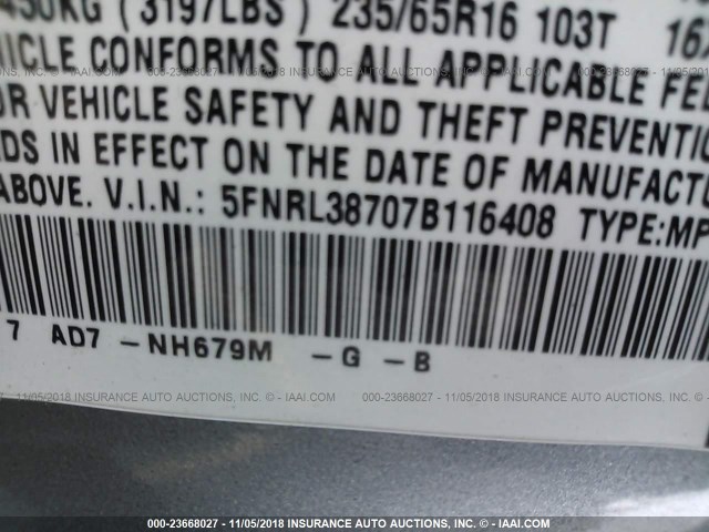 5FNRL38707B116408 - 2007 HONDA ODYSSEY EXL GRAY photo 9