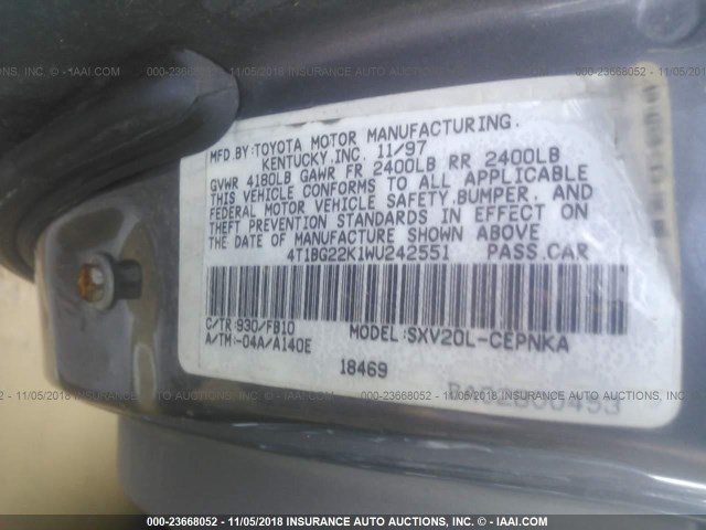 4T1BG22K1WU242551 - 1998 TOYOTA CAMRY CE/LE/XLE GRAY photo 9