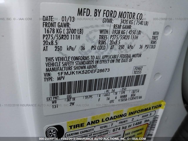 1FMJK1K52DEF28673 - 2013 FORD EXPEDITION EL LIMITED WHITE photo 9